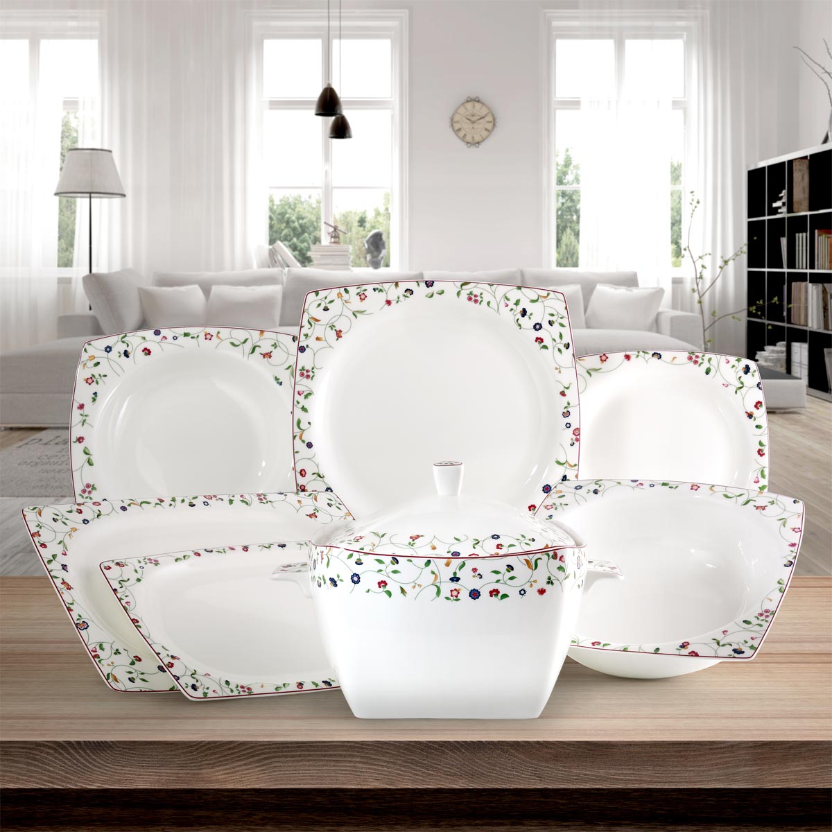 Servizio piatti dalla forma quadrata con elegante decorazione fiorellini colorati - Flavia
