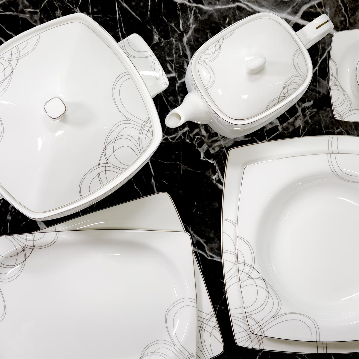 Servizio piatti quadrato in porcellana fine bone china con decoro argento moderno - Rebecca