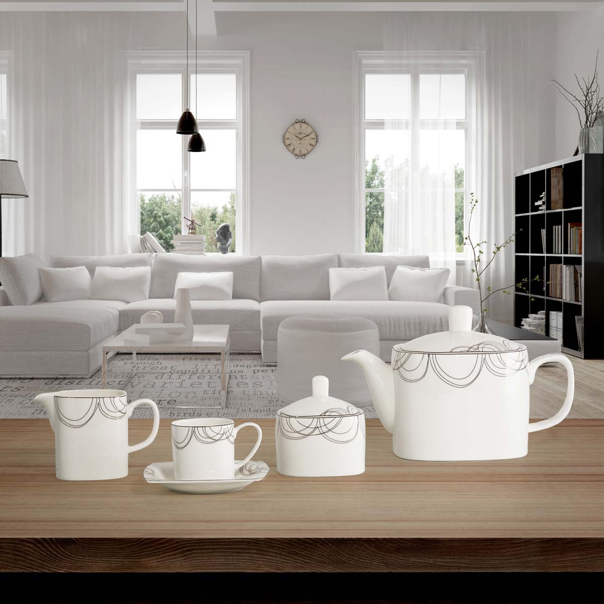 Servizio tazze caffè quadrato in porcellana fine bone china con decoro argento moderno - Rebecca