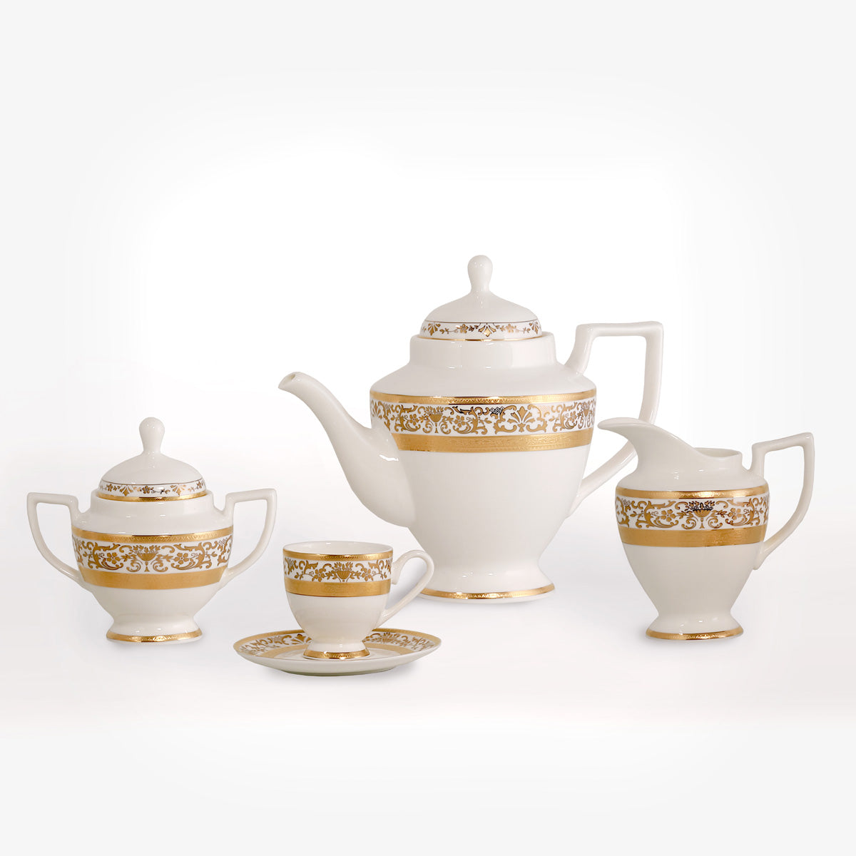 Servizio te e caffè con decoro classico in oro inciso in fine porcellana trasparente bone china - Prestige