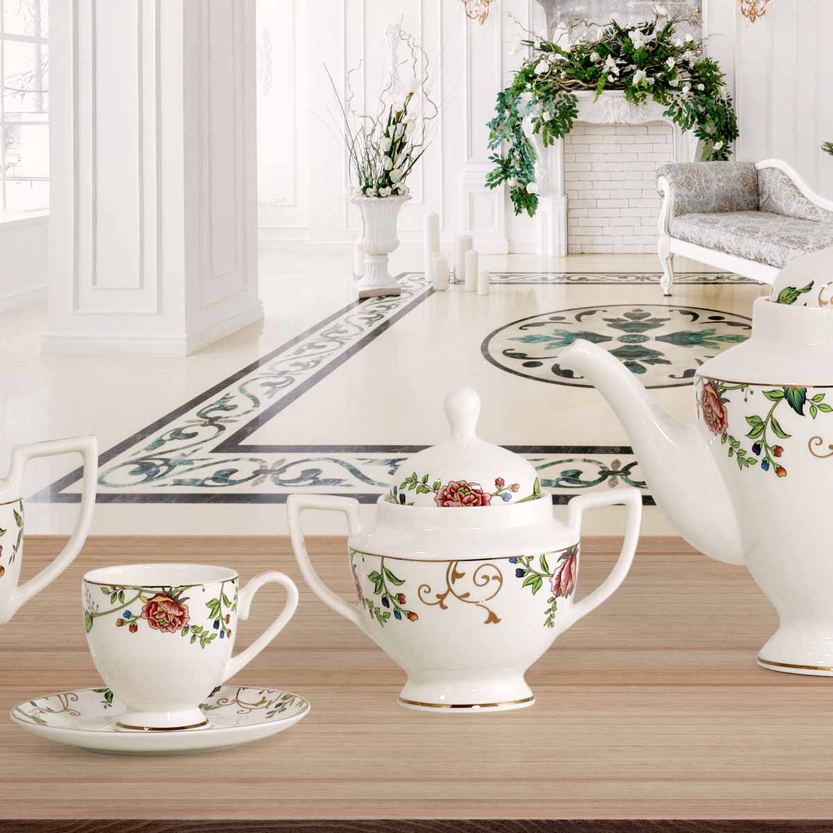 Servizio tazze da te in porcellana fine bone china con decoro a fiori - Luisiana