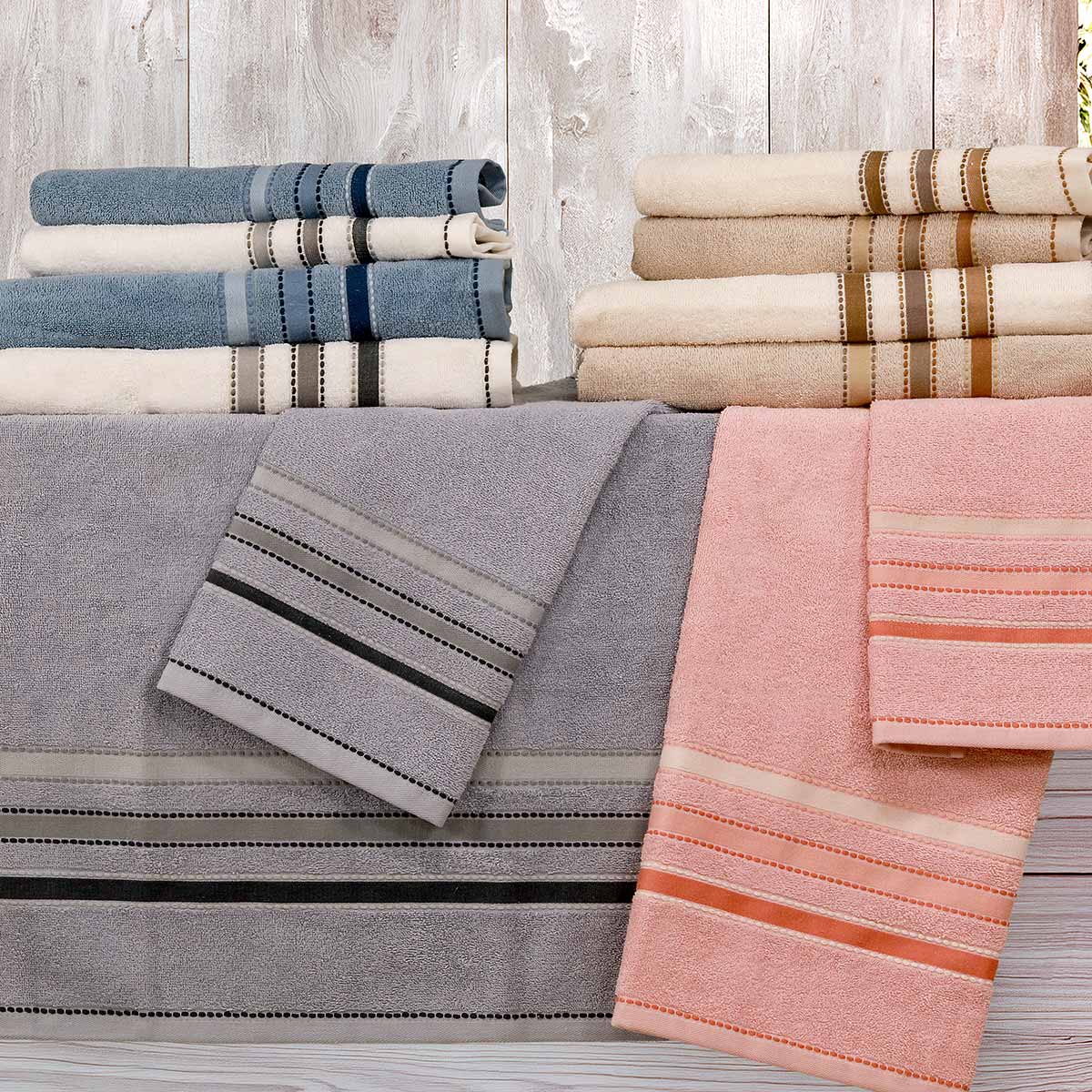 Set asciugamani 6+6 Hydra in spugna di puro cotone in colori assortiti con balza jacquard a righe