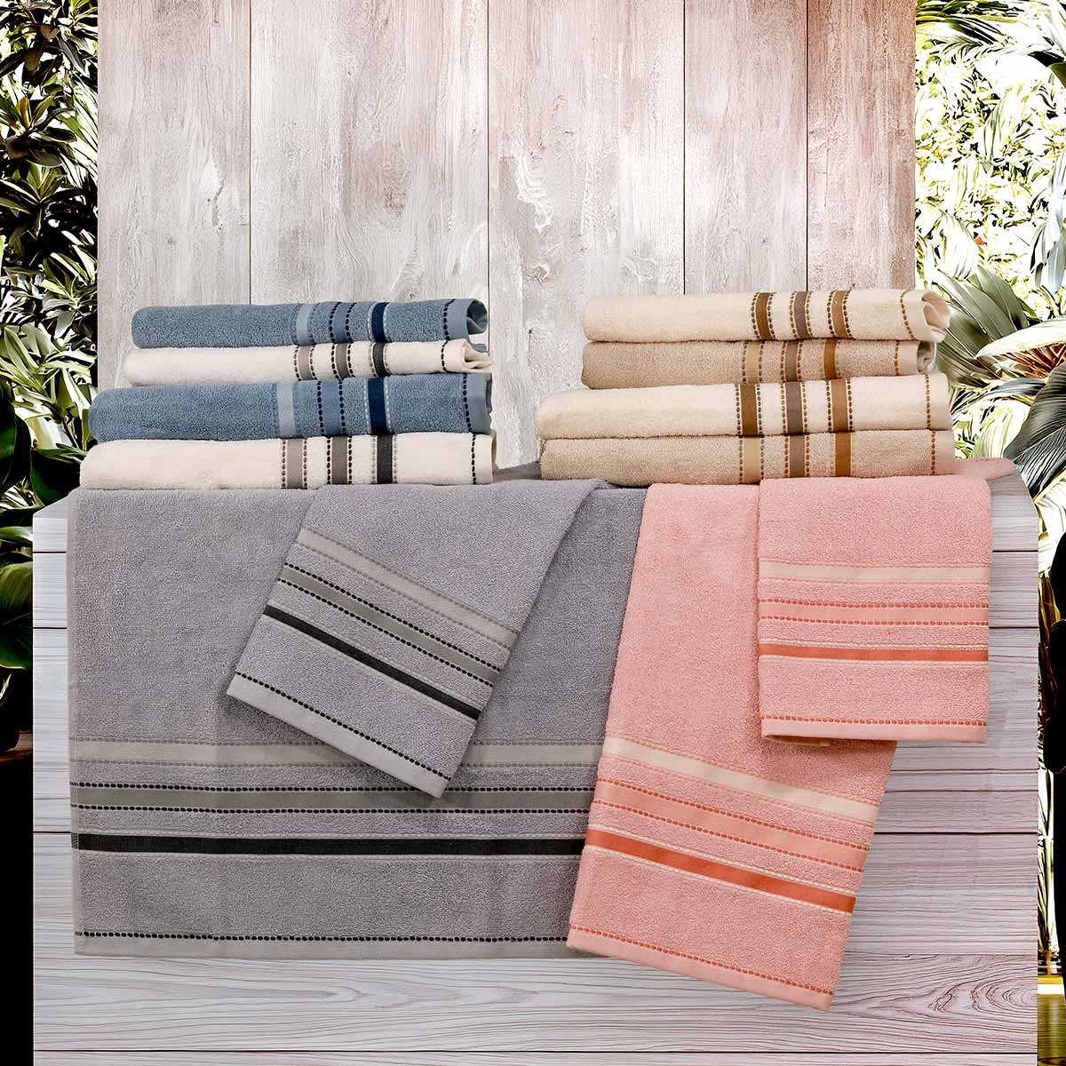 Set asciugamani 6+6 in spugna di puro cotone dai colori assortiti con balza jacquard a righe