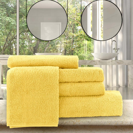 Set biancheria da bagno in morbida spugna composta da asciugamani e telo 5 pezzi colore giallo - Basic