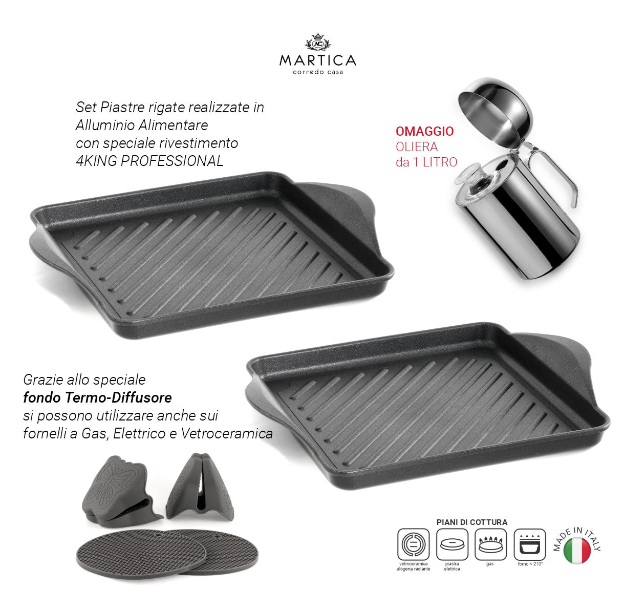 Set bistecchiere piastre quadrate rigate in alluminio antiaderente prodotte in Italia