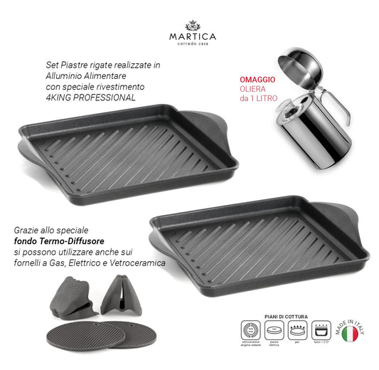 Set bistecchiere piastre quadrate rigate in alluminio antiaderente prodotte in Italia