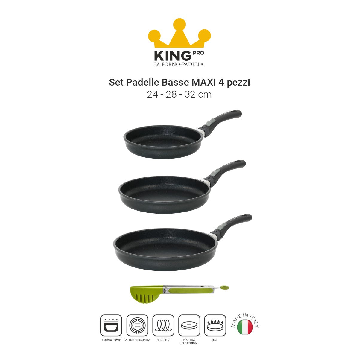 Set padelle basse grandi 24 - 28 - 32 cm antiaderenti prodotte in Italia - king