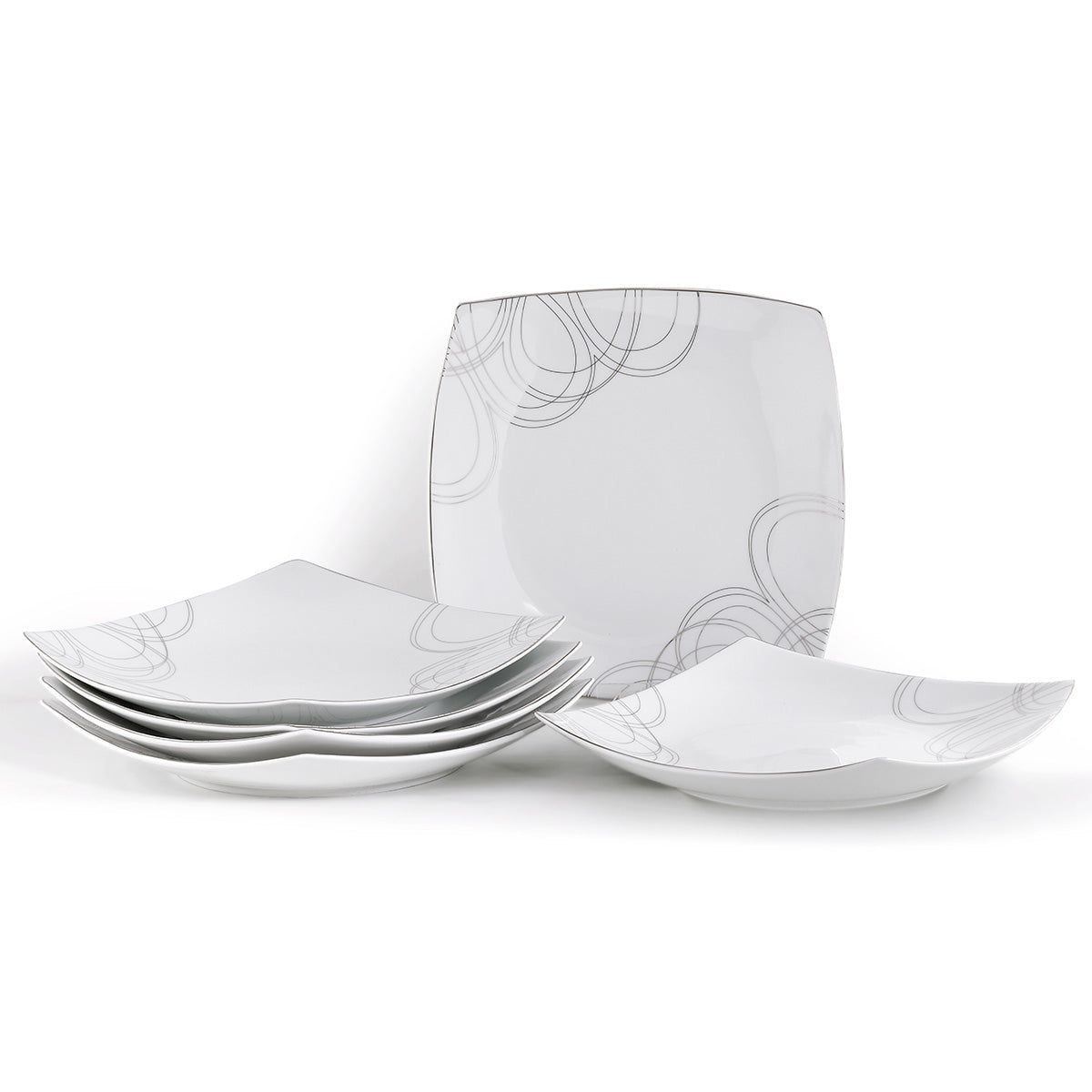 Set 6 sottopiatti quadrati in fine porcellana con decoro argento - Boston