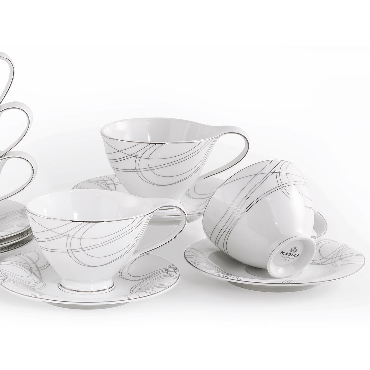 Set tazze te con piattino in porcellana con decorazione importate argento - Dallas