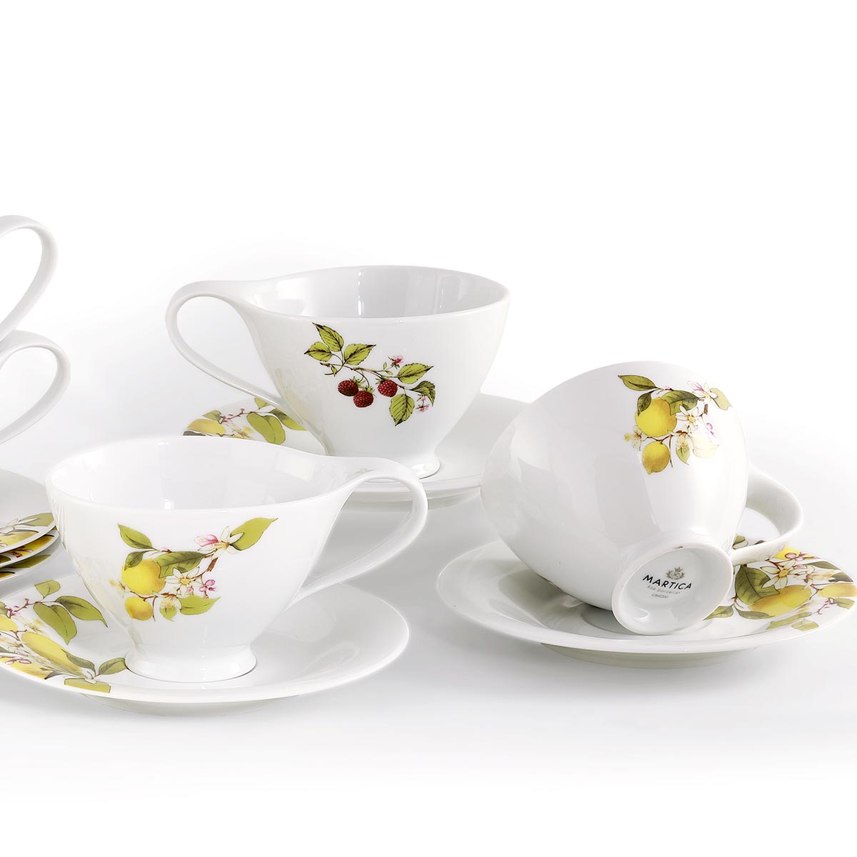 Tazze grandi latte in porcellana con decoro limoni e lamponi