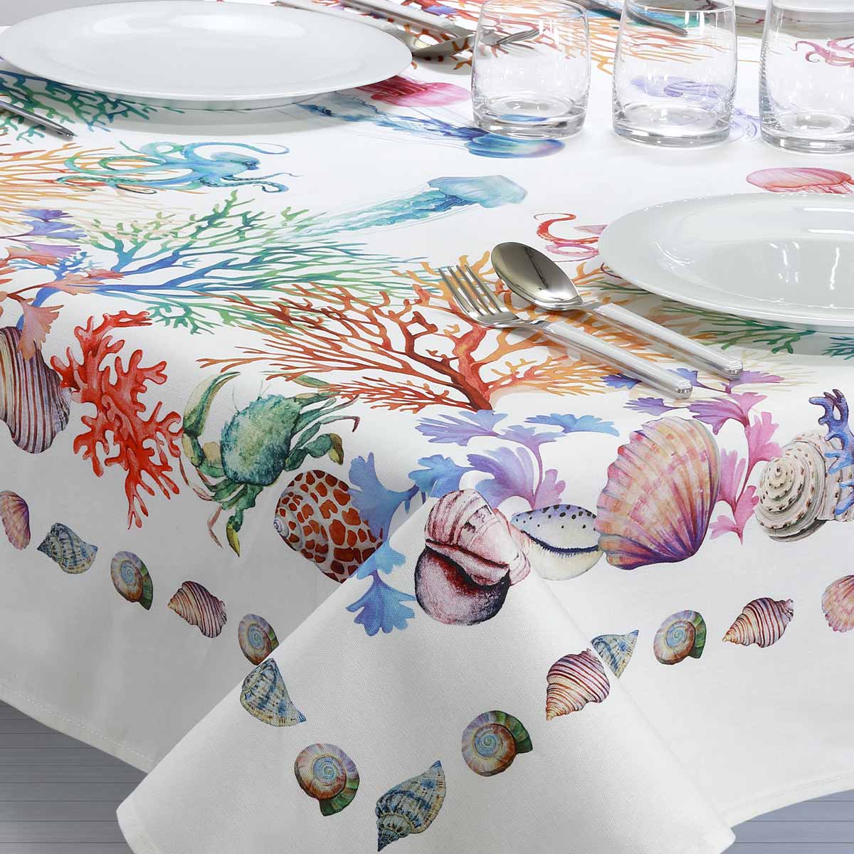 Tovaglia con fantasia mare corallo e  conchiglie per 6 persone