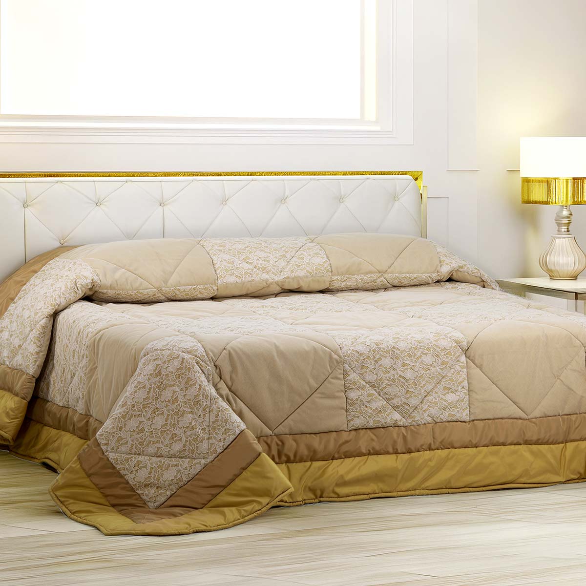 Trapunta pesante stile classico letto colore oro con pizzo - EL149