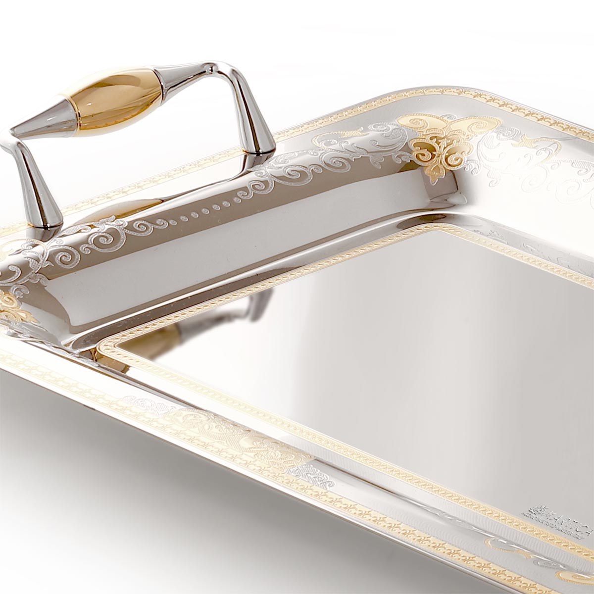 Vassoio in acciaio stile barocco in oro con incisione - Prestige