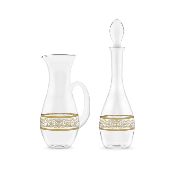 Completo bicchieri a calici con brocca e bottiglia dal design classico e decoro in oro - Royal