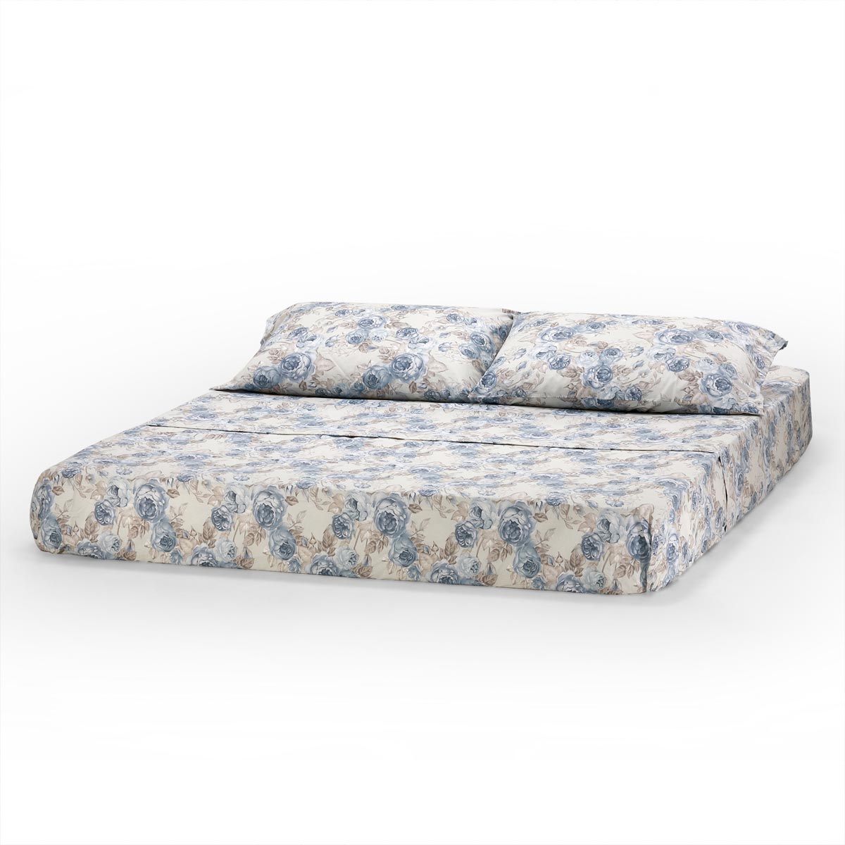 Completo letto 2 piazze in cotone a fiori azzurro con elastico - Flora