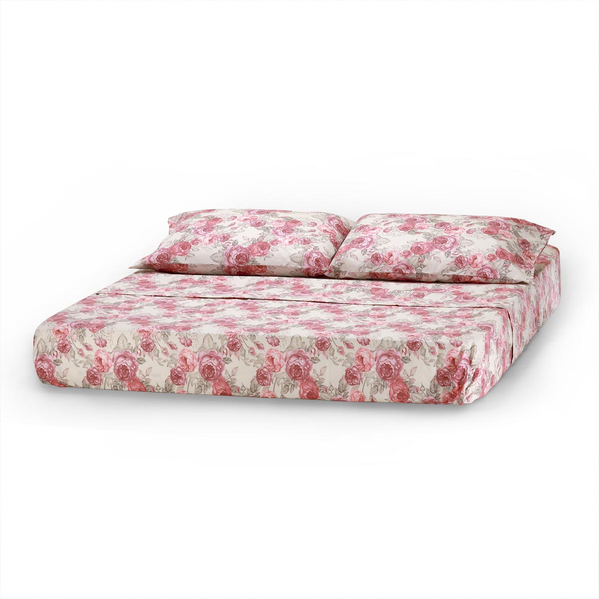 Completo letto 2 piazze in cotone a fiori rosa con elastico - Flora