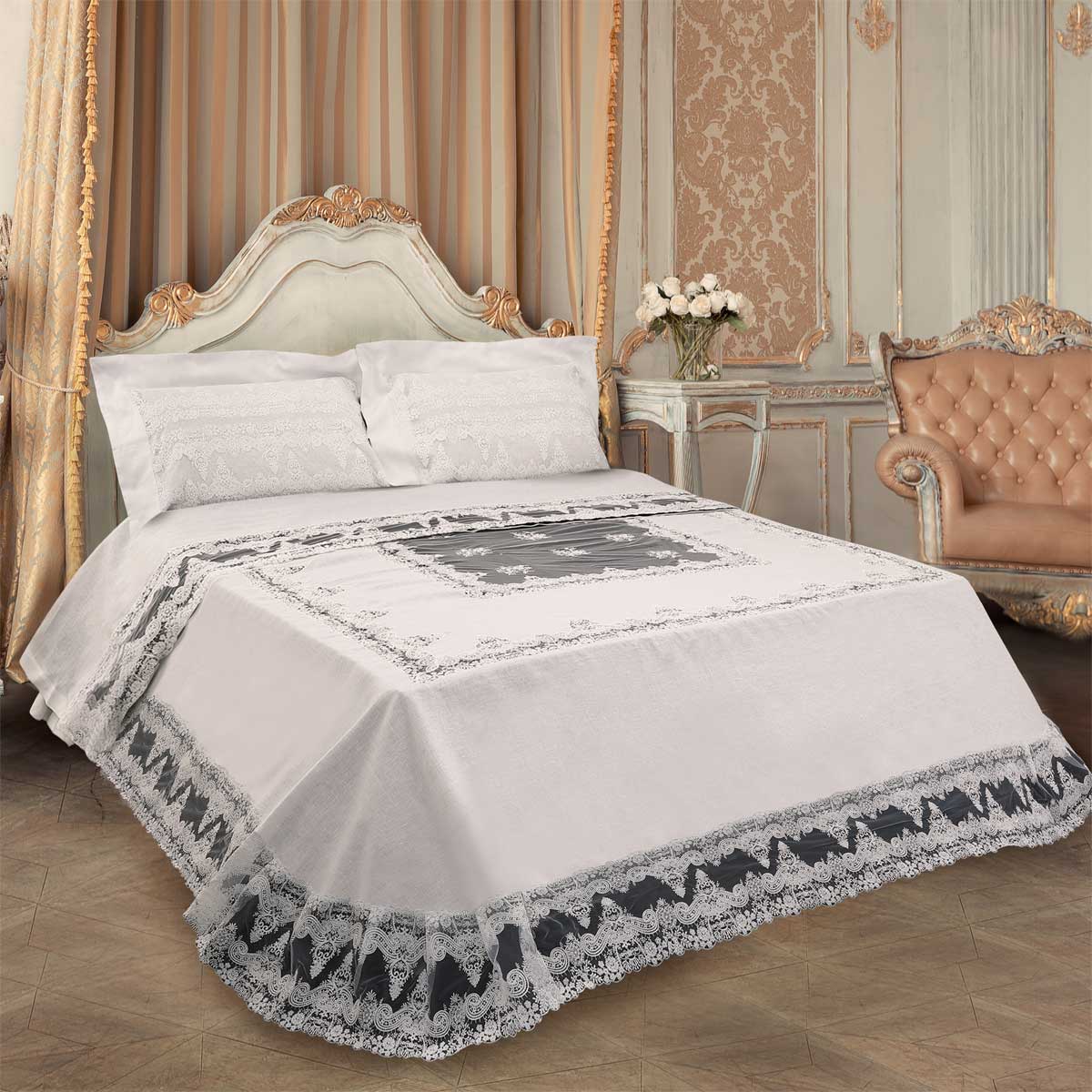 Coordinato letto avorio con pizzo ricamato tulle - Venere