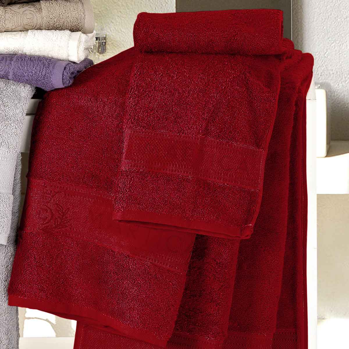 Coppia asciugamani da bagno in morbida spugna di cotone idrofilo colore bordo - Idrospugna