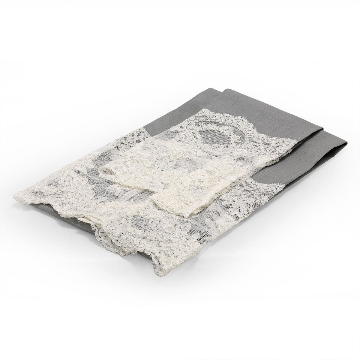 Coppia asciugamani moderna in puro lino grigio con pizzo - Barbara