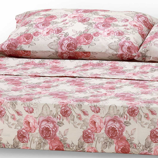 Coppia lenzuola matrimoniale in cotone a fiori rosa - Flora