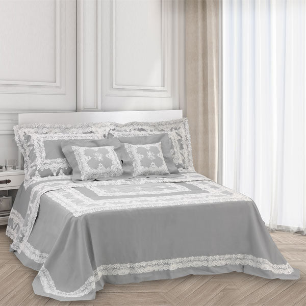 Primo letto moderno in puro lino grigio perla con pizzo ricamato su tulle