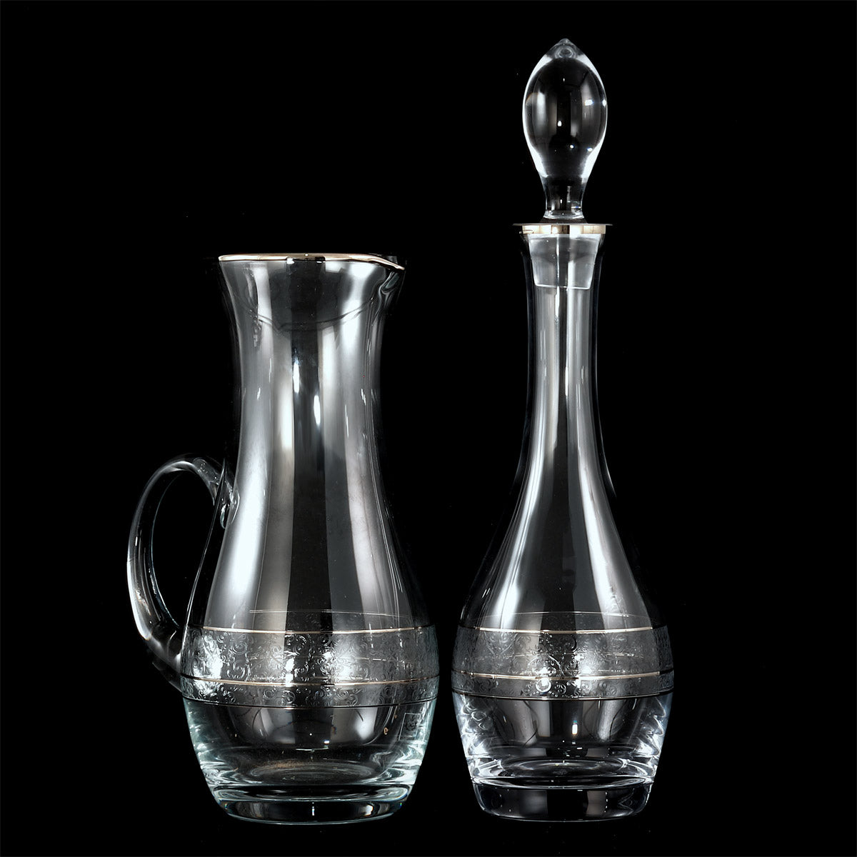 Servizio bicchieri con brocca e bottiglia in cristallo con decoro filo platino - Portofino