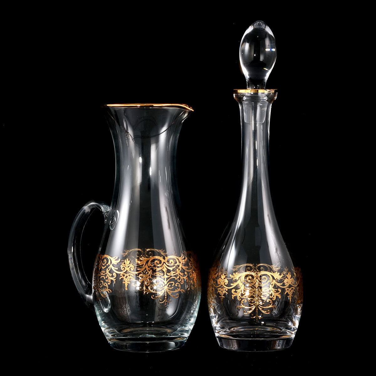 Servizio bicchieri con brocca e bottiglia in cristallo con meravigliosa decorazione classica in oro 62 pezzi - Giulia