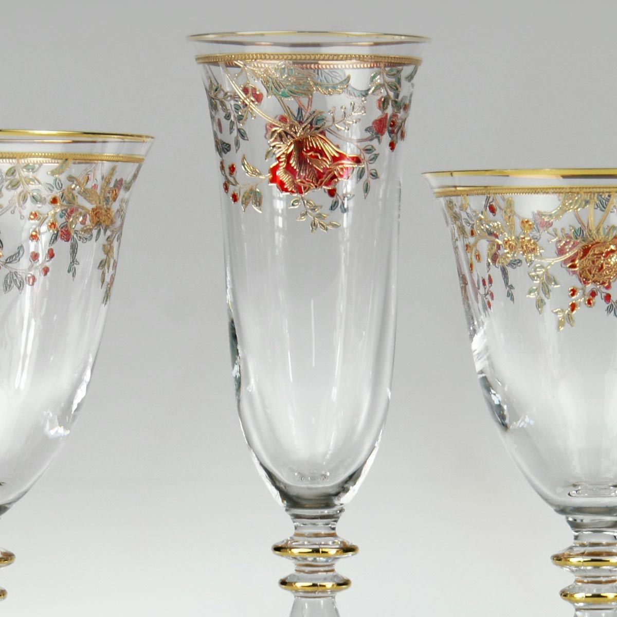 Servizio bicchieri classici con decoro a fiori oro e colore rosso - Luisiana