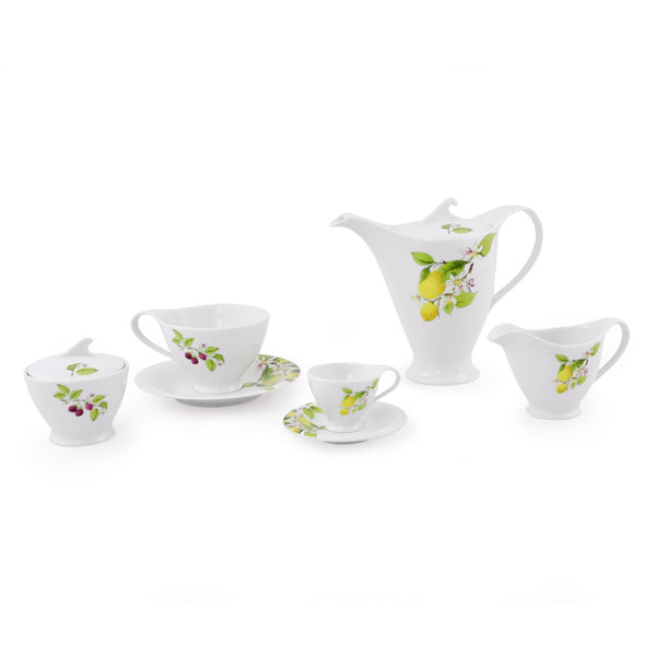 Servizio di caffè con decoro limoni e lamponi in fine porcellana