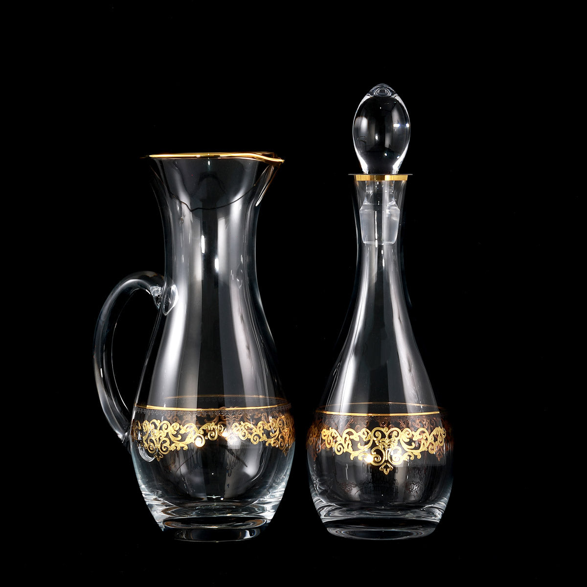 Servizio calici in cristallo con brocca e bottiglia stile baronale in oro con incisione - Praga