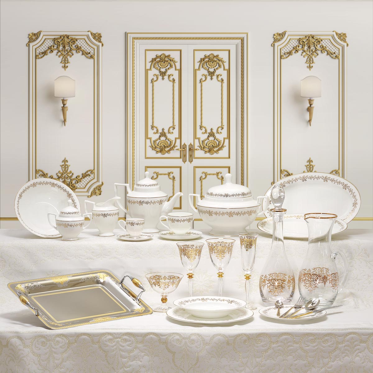 Servizio piatti e bicchieri classico decorato in oro - Elegance
