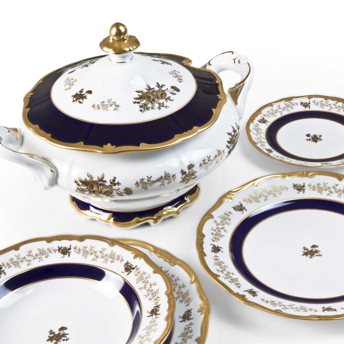 Completo piatti classico con the e caffè decorato a mano in oro e blu cobalto - Anna Amalia