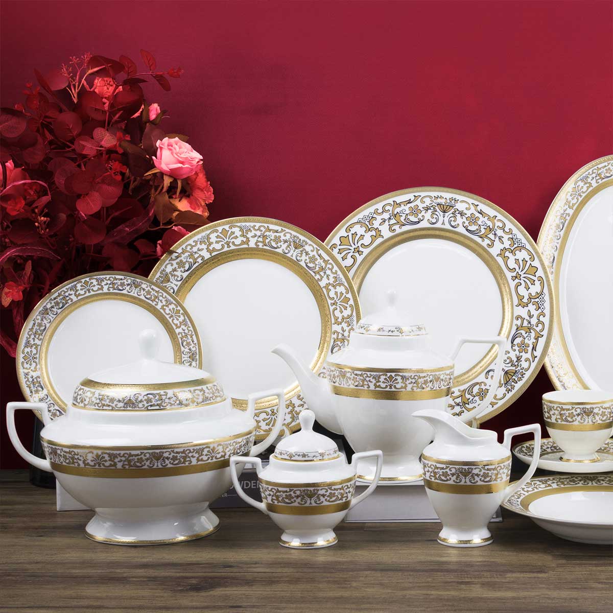 Servizio piatti classico con decoro in oro inciso fine bone china - Prestige