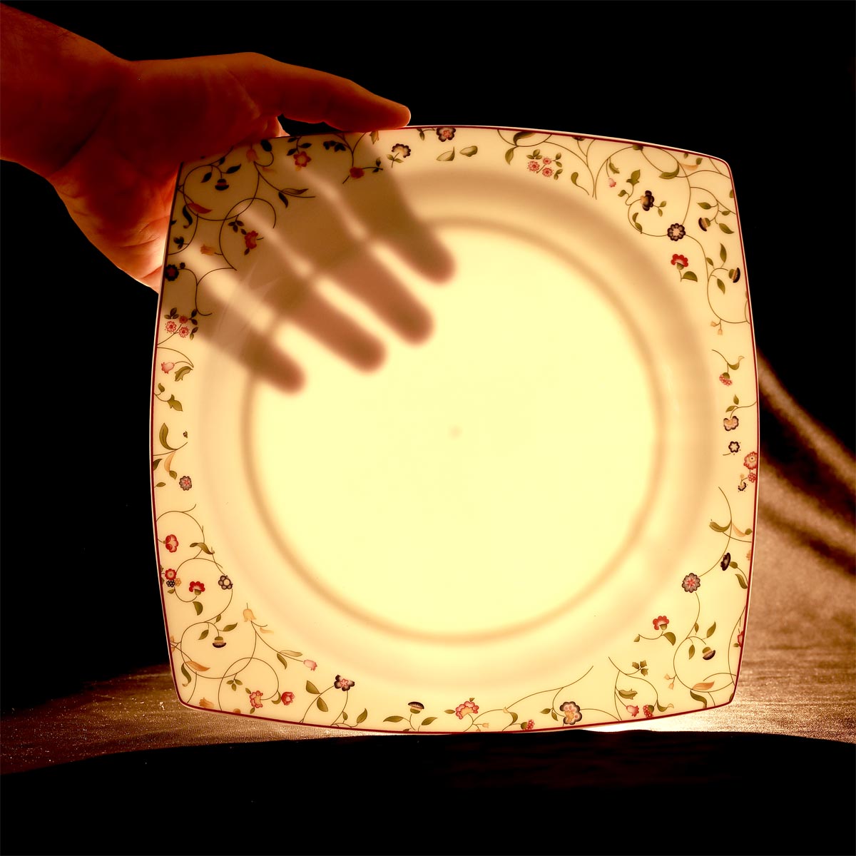 Servizio piatti quadrato in finissima porcellana trasparente con decoro a fiori in fine bone china - Flavia