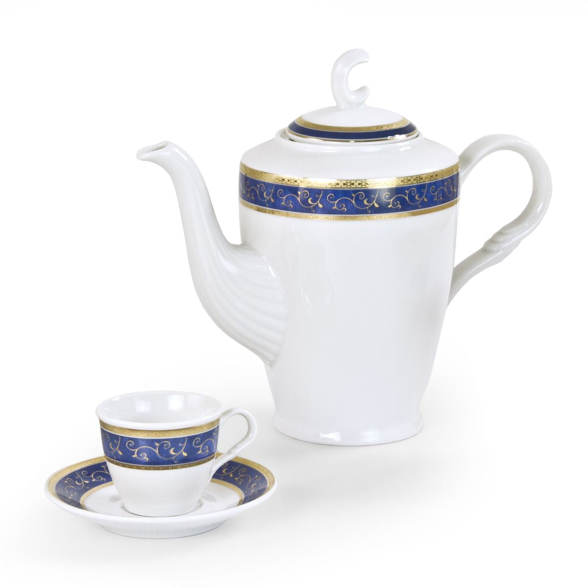 Elegante e prestigioso servizio da thè e caffè in fine porcellana di boemia con decorazione oro e blu