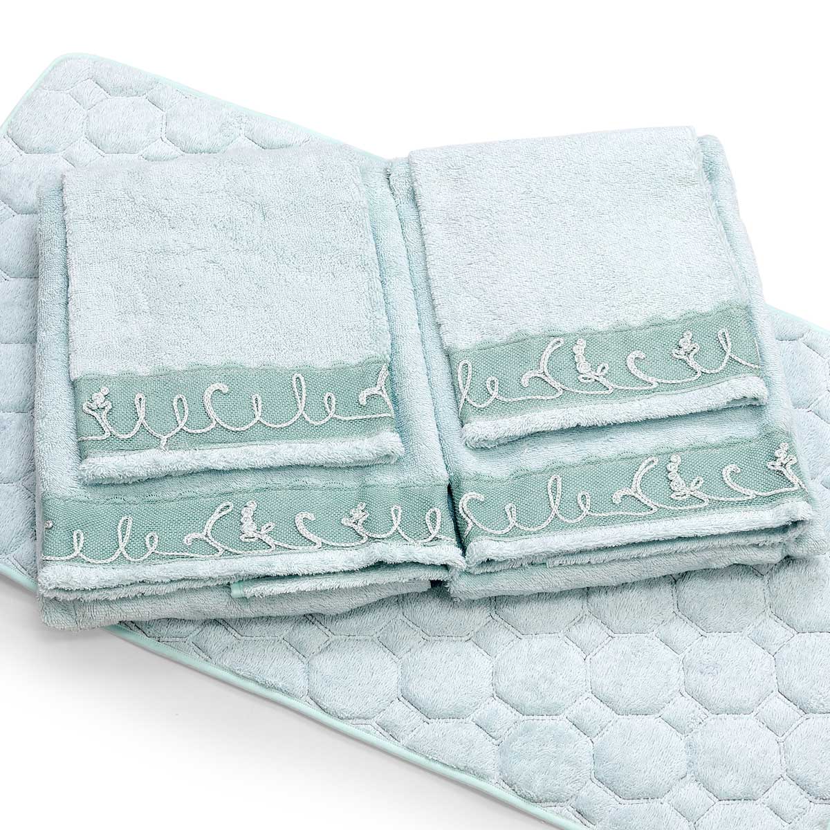 Set 5 pezzi asciugamani e tappeto in morbida spugna italiana di colore turchese