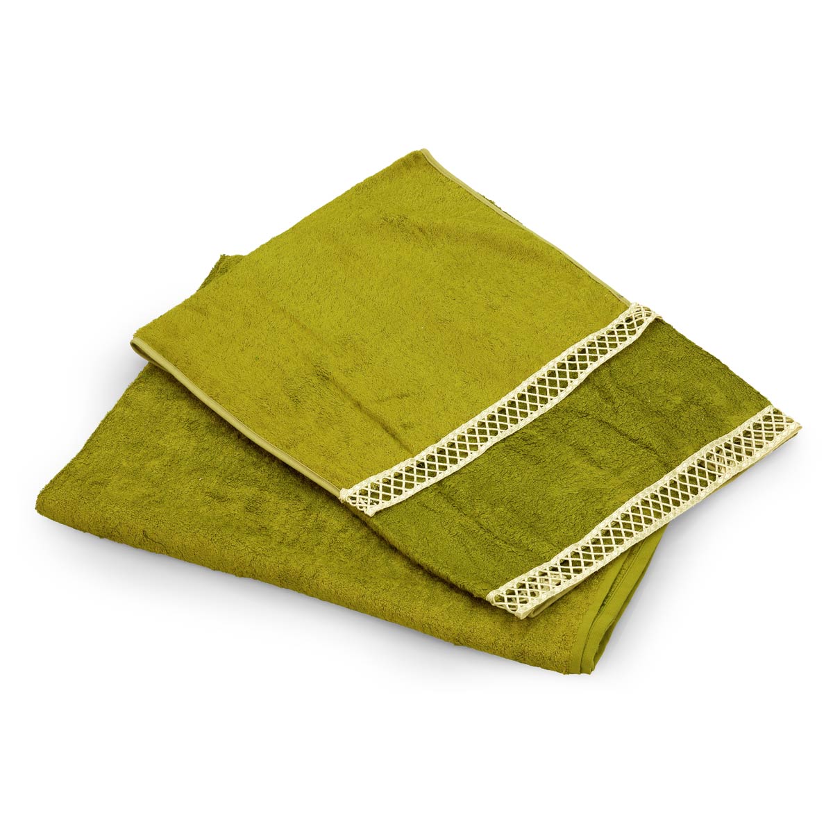Set asciugamani viso e ospite con telo bagno di colore verde spugna in fibra di legno