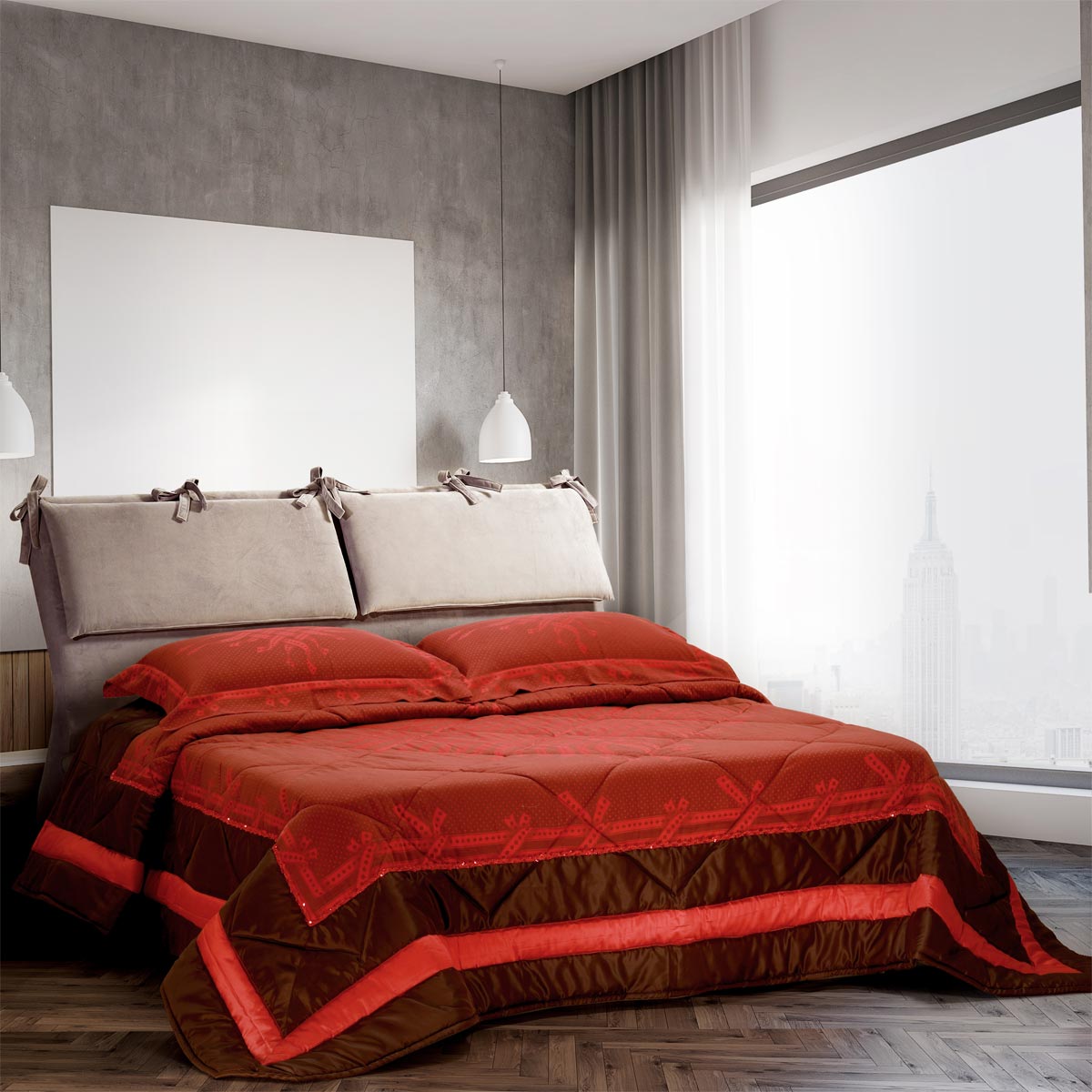 Trapunta da 2 piazze moderna con inserti in tessuto di colore rosso ed imbottitura anallergica invernale - EL138