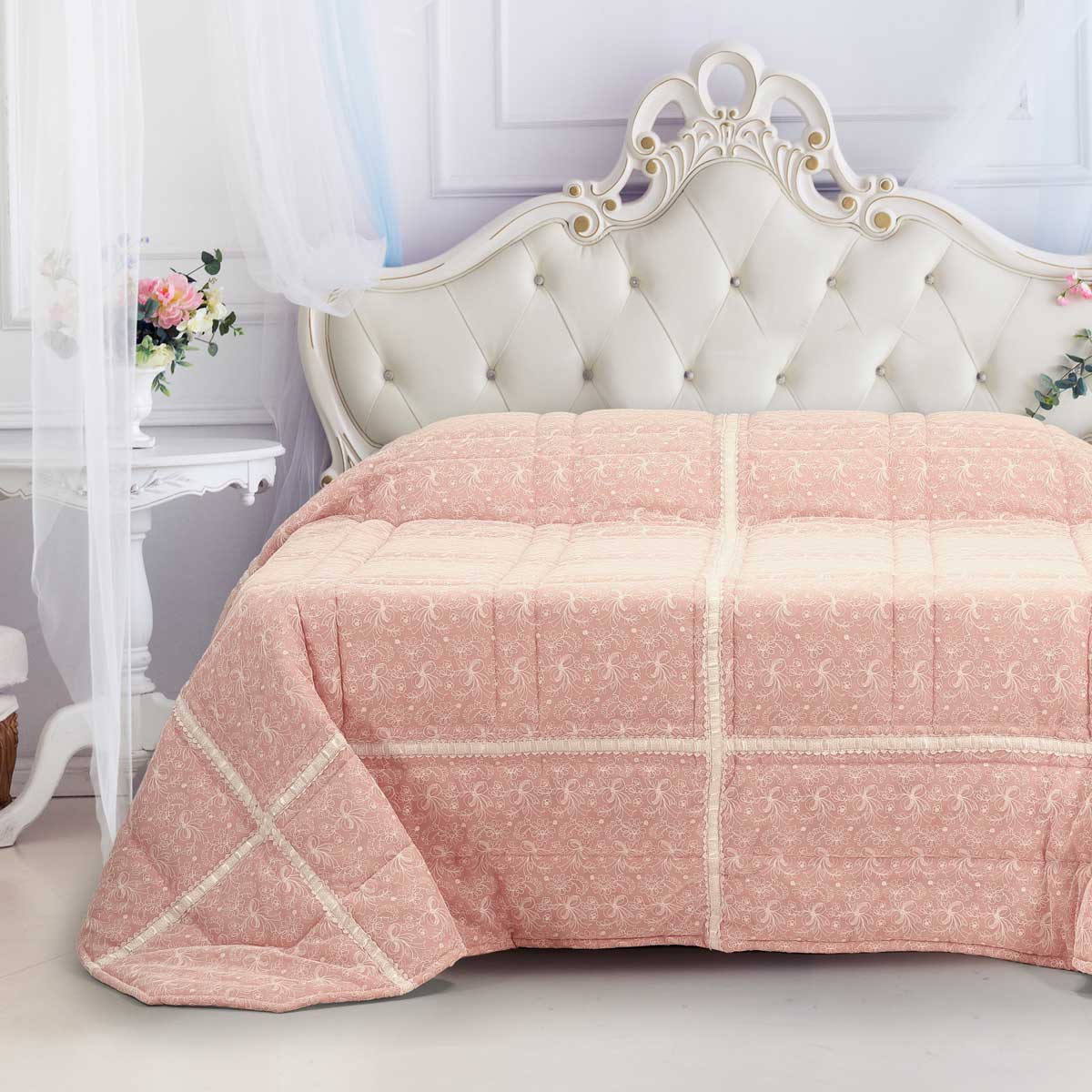 Trapunta 2 piazze di colore rosa confetto in pizzo ricamato su tulle - EL073