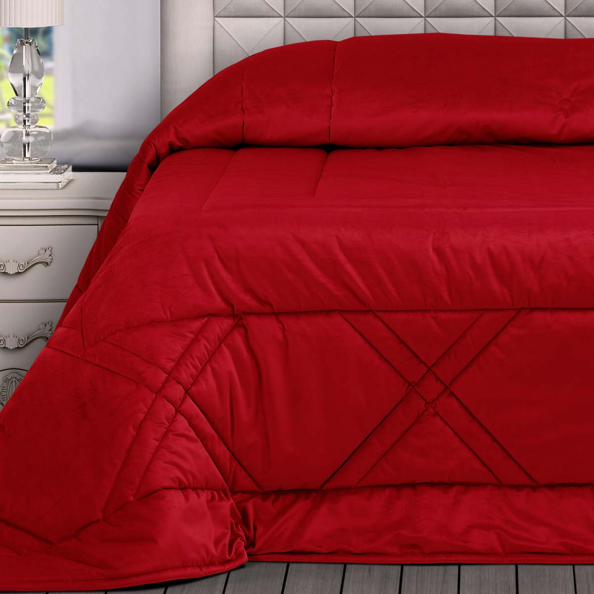 Trapunta letto matrimoniale rossa moderna in velluto con disegno geometrico a rombi